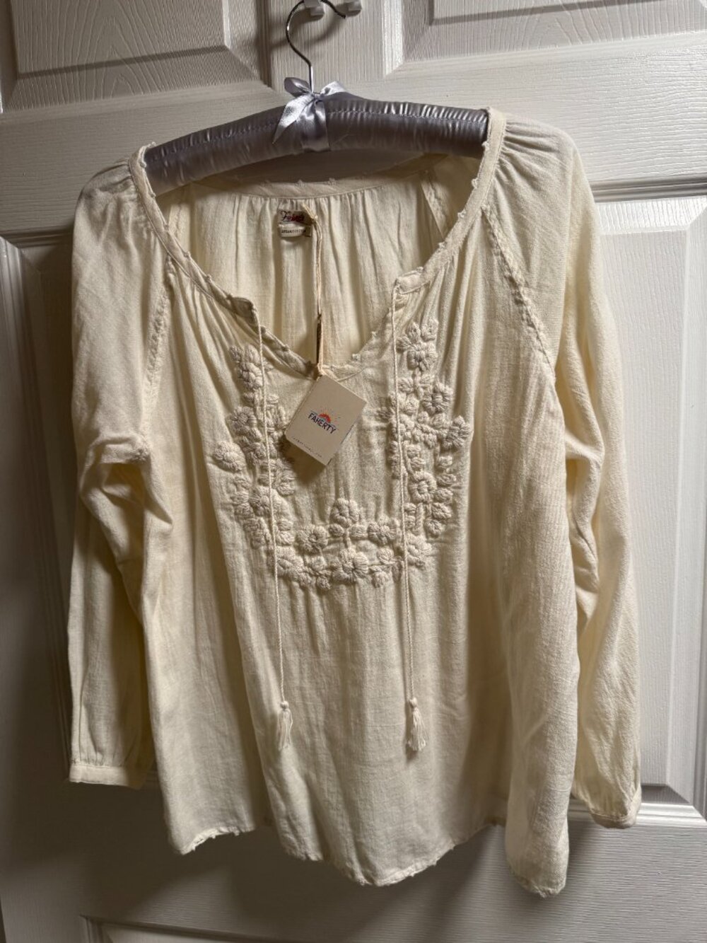 Faherty Organic Cotton Embroidered Blouse – Cream – Size XL – NWT